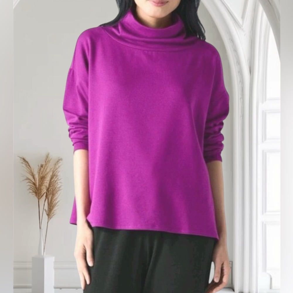NWT Eileen Fisher Funnel Neck Top Sz L Berry Bloom Organic Cotton Long Sleeve